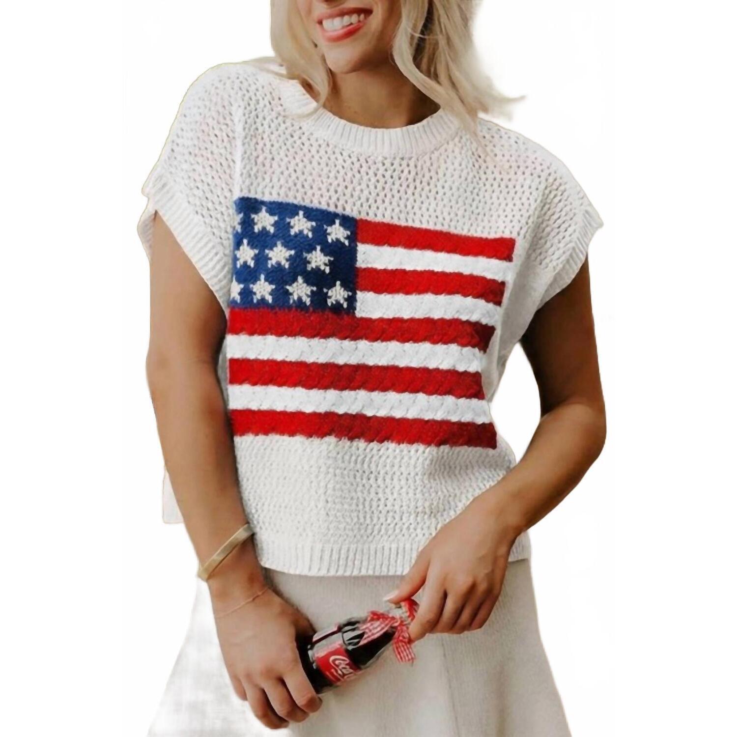 New Fashionworks Flag Graphic Short Sleeve Sweater Top In White